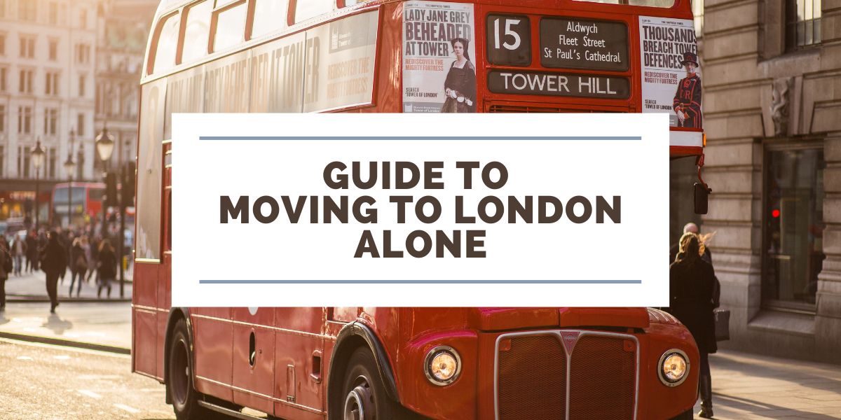text says "guide to moving to london alone" with doubledecker bus in the background
