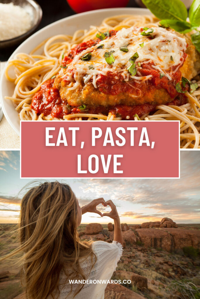 text says "eat, pasta, love"